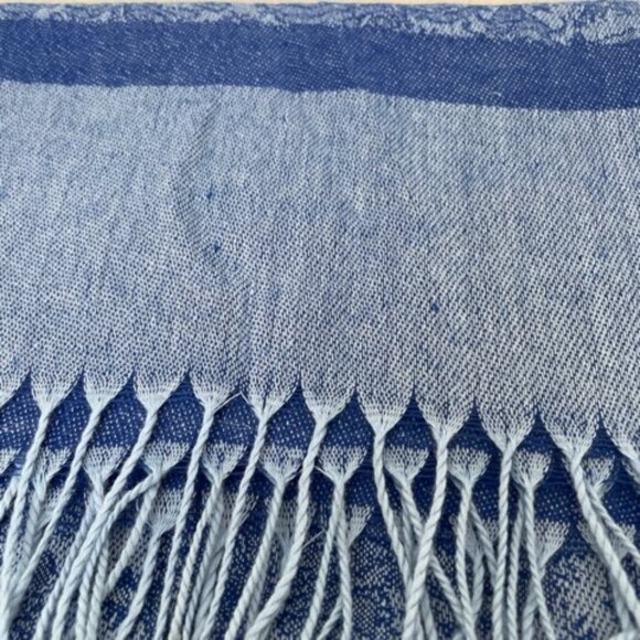 Pashmina Scarf Shawl Wrap Blue Paisley Floral Fringed Silk Blend - Picture 6 of 6